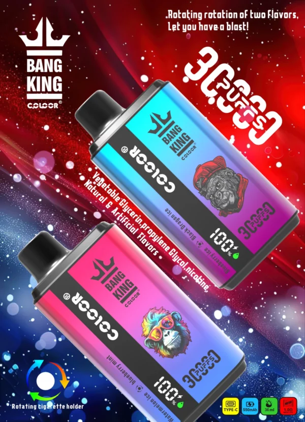 Bang King 30000 Puffs Double Flavor 0% 2% 3% 5% Genopladelig engangsvapes med lav nikotinindhold Pen Bulk Køb Engros - RiftVape - 1