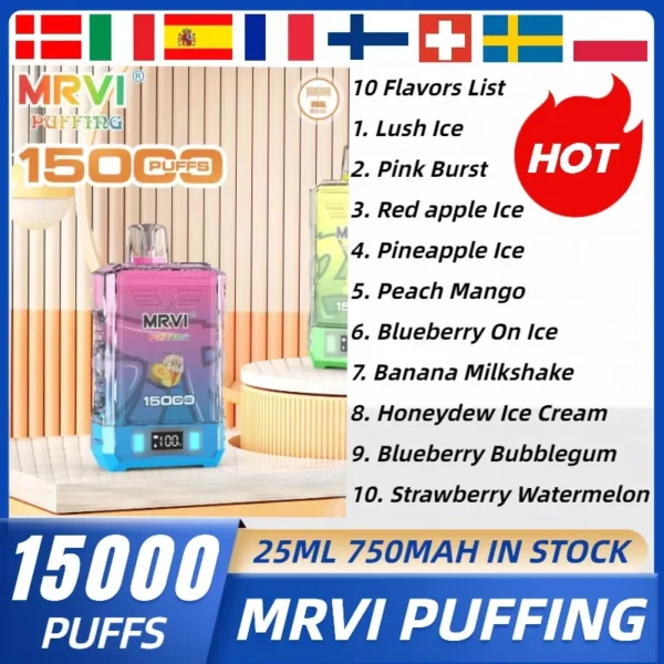 MRVI Puffing 15000 Puffs Tela digital de malha dupla 2% 5% Baixa nicotina recarregável Vapes descartáveis ​​Caneta em massa Compre no atacado - RiftVape - 1