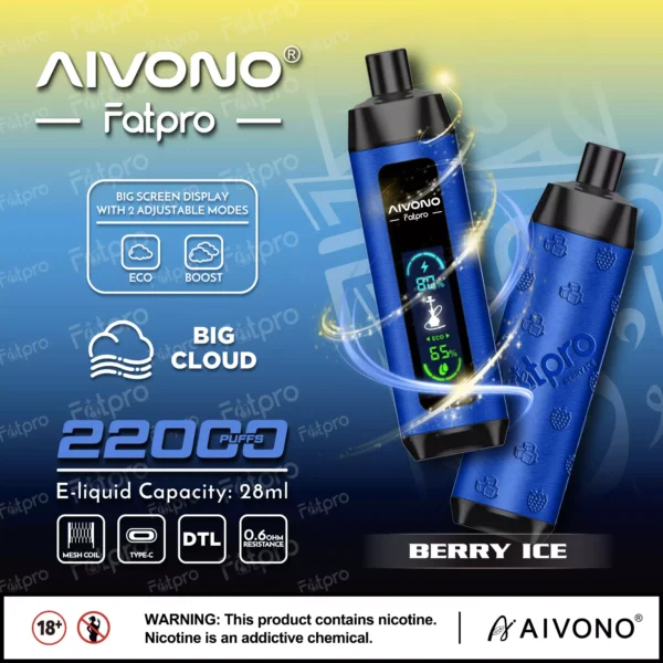 AIVONO Fatpro 22000 Puffs vattenpipa Digital skärm 0% 2% 3% 5% Låg nikotinhalt Uppladdningsbara disponibla vapes Penna Bulk Köp grossist - RiftVape - 10